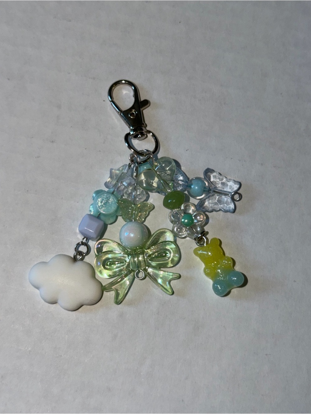 Iridescent Green Bow Cluster Keychain with Pastel Cloud & Stars